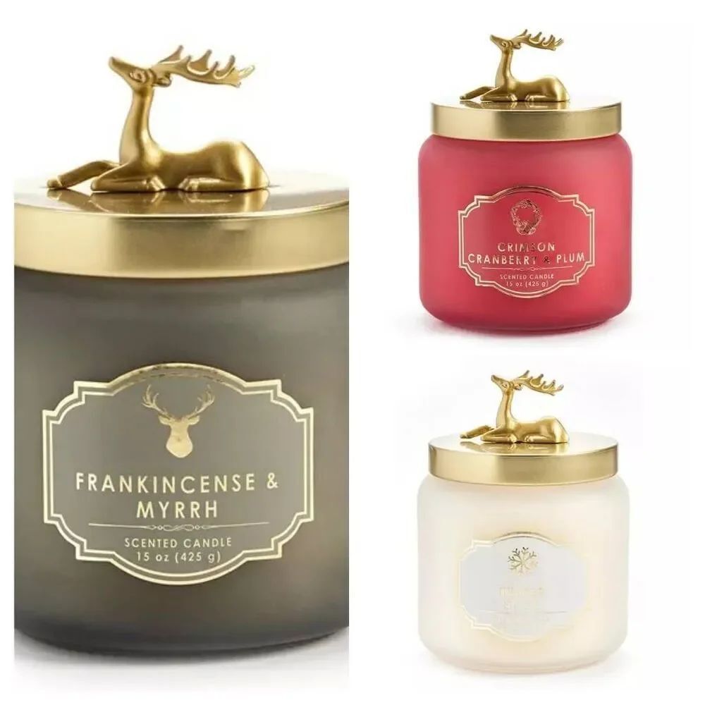 NWOT Set of 3 15 Oz Christmas Scented Reindeer Lid Frosted Glass Candles